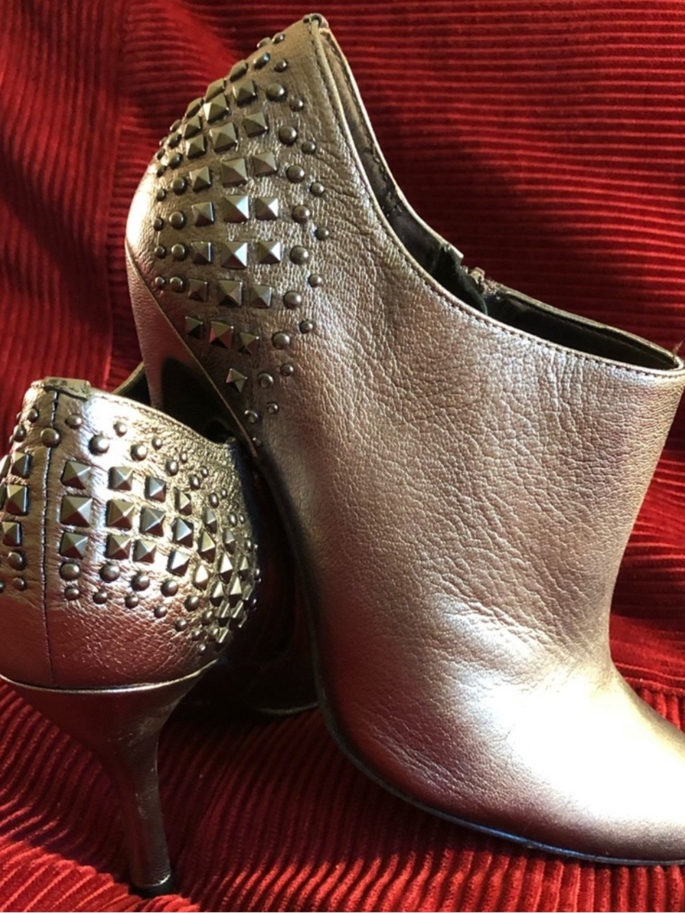 Studded Metallic Bronze High Heel Ankle Boots - Women